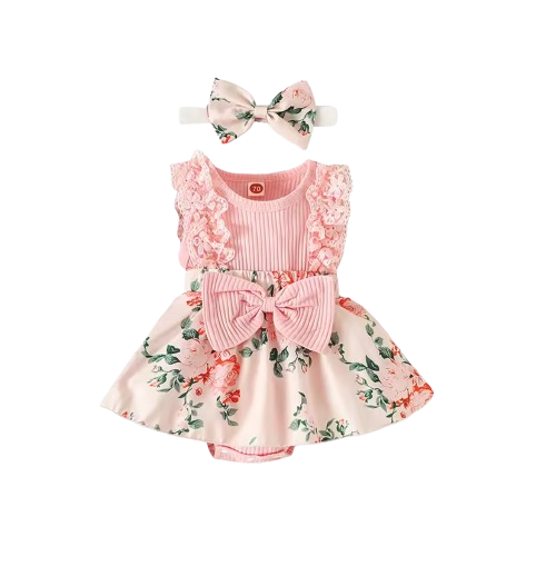 The Marie - Newborn Baby Girl Floral Print Lace Romper with Headband Summer Outfit