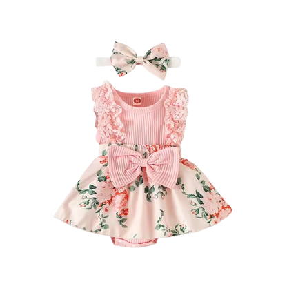 The Marie - Newborn Baby Girl Floral Print Lace Romper with Headband Summer Outfit