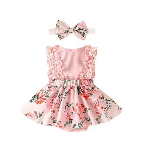 The Marie - Newborn Baby Girl Floral Print Lace Romper with Headband Summer Outfit