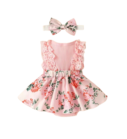 The Marie - Newborn Baby Girl Floral Print Lace Romper with Headband Summer Outfit