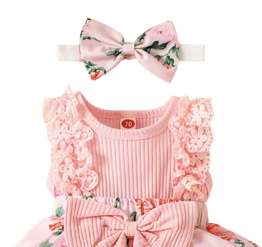 The Marie - Newborn Baby Girl Floral Print Lace Romper with Headband Summer Outfit