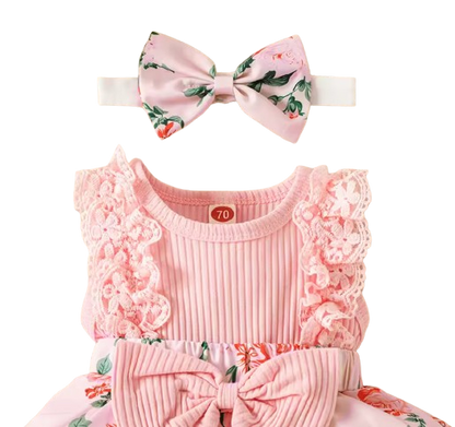 The Marie - Newborn Baby Girl Floral Print Lace Romper with Headband Summer Outfit