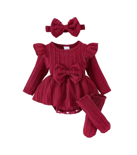 The Amiyah - Baby Girl 3PCS Bow Romper Dress Headband & Socks Long Sleeve Outfit