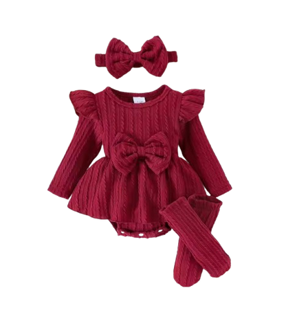 The Amiyah - Baby Girl 3PCS Bow Romper Dress Headband & Socks Long Sleeve Outfit