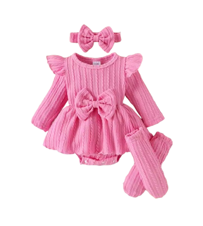 The Amiyah - Baby Girl 3PCS Bow Romper Dress Headband & Socks Long Sleeve Outfit