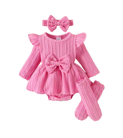 The Amiyah - Baby Girl 3PCS Bow Romper Dress Headband & Socks Long Sleeve Outfit