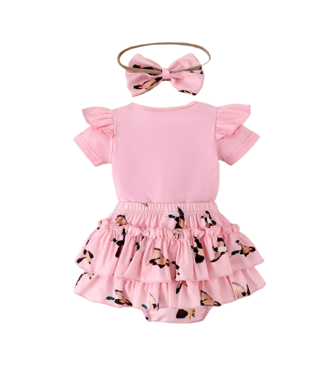 The Goldie - Newborn Baby Girl Bird Print Short Sleeve Top Shorts Headband Set 3PCS