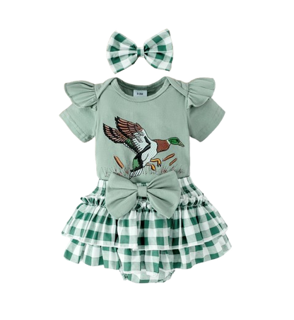 The Goldie - Newborn Baby Girl Bird Print Short Sleeve Top Shorts Headband Set 3PCS
