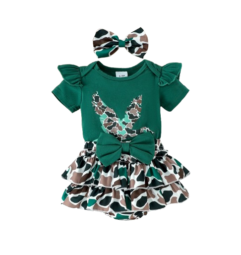 The Goldie - Newborn Baby Girl Bird Print Short Sleeve Top Shorts Headband Set 3PCS