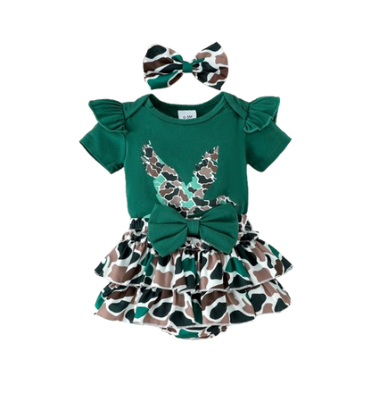 The Goldie - Newborn Baby Girl Bird Print Short Sleeve Top Shorts Headband Set 3PCS