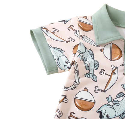 The Danny - Newborn Baby Green Fishing Print Romper Short Sleeve Summer Wear