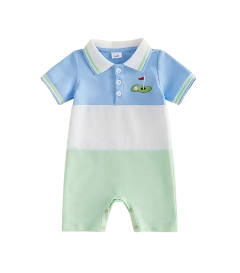 The Jayceon - Baby Boy Golf Embroidered Collared Romper Short Sleeve Summer Outfit