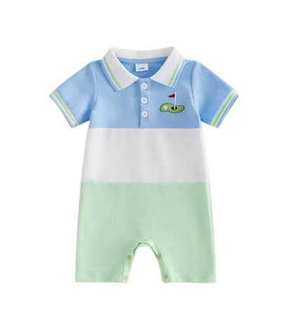 The Jayceon - Baby Boy Golf Embroidered Collared Romper Short Sleeve Summer Outfit
