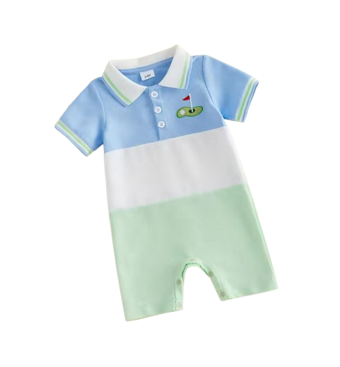 The Jayceon - Baby Boy Golf Embroidered Collared Romper Short Sleeve Summer Outfit