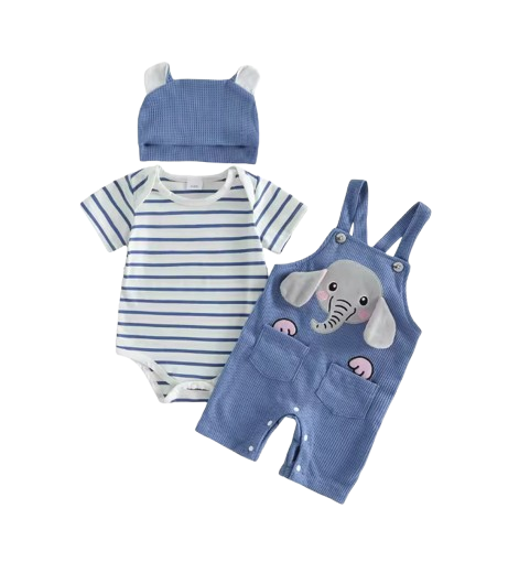 The Nathanael - Baby Boy 3PCS Striped Romper Overall Pants & Hat Summer Outfit