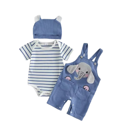 The Nathanael - Baby Boy 3PCS Striped Romper Overall Pants & Hat Summer Outfit