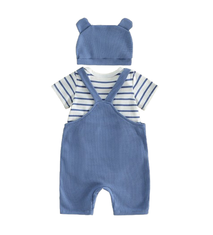 The Nathanael - Baby Boy 3PCS Striped Romper Overall Pants & Hat Summer Outfit