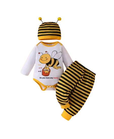 The Samir - Newborn Baby 3PCS Bee Letter Bodysuit Striped Pants & Hat Outfit Set