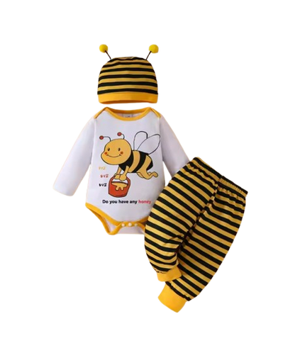 The Samir - Newborn Baby 3PCS Bee Letter Bodysuit Striped Pants & Hat Outfit Set