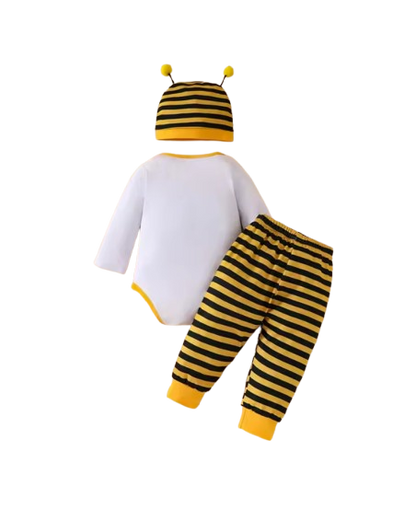 The Samir - Newborn Baby 3PCS Bee Letter Bodysuit Striped Pants & Hat Outfit Set