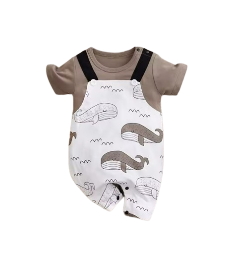 The Jaime - Newborn Baby Boy Brown Whale Print Cotton Romper Short Sleeve Summer Outfit