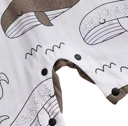 The Jaime - Newborn Baby Boy Brown Whale Print Cotton Romper Short Sleeve Summer Outfit