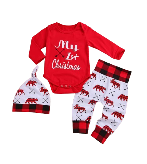The Jaxton - Newborn Baby My First Christmas Romper Hat & Pants Outfit Set