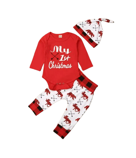 The Jaxton - Newborn Baby My First Christmas Romper Hat & Pants Outfit Set