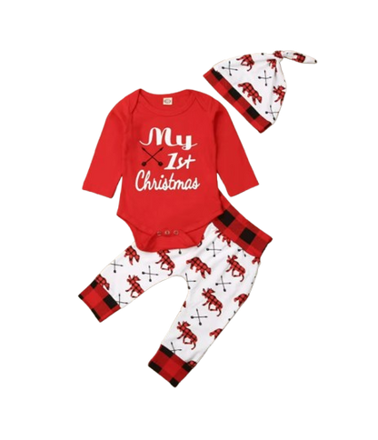 The Jaxton - Newborn Baby My First Christmas Romper Hat & Pants Outfit Set