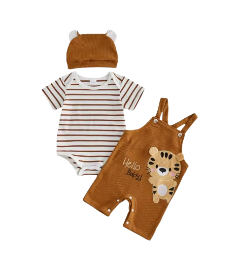 The Davis - Newborn Baby Boy Tiger Embroidered Romper Overalls Hat Set