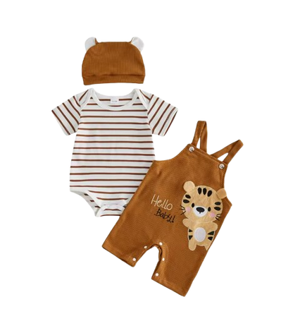 The Davis - Newborn Baby Boy Tiger Embroidered Romper Overalls Hat Set