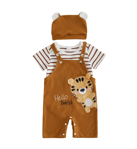 The Davis - Newborn Baby Boy Tiger Embroidered Romper Overalls Hat Set