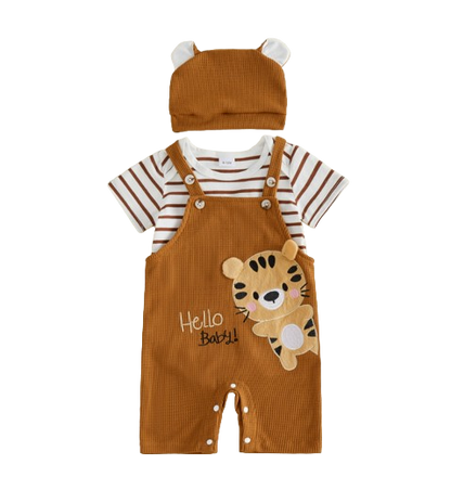 The Davis - Newborn Baby Boy Tiger Embroidered Romper Overalls Hat Set