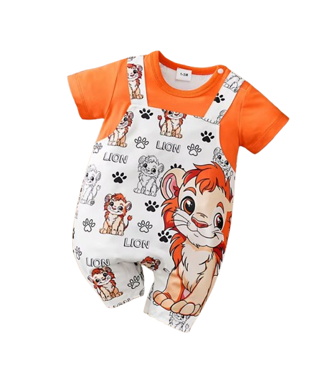 The Ahmad - Newborn Baby Lion Print Fake Two Piece Romper Short Sleeve Summer Outfit