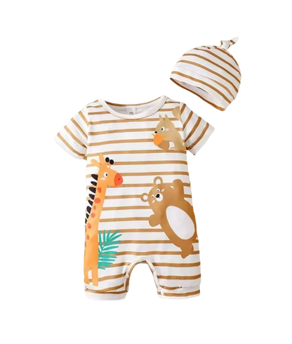 The Wylder - Newborn Baby Boy Animal Print Striped Romper Hat Set Summer