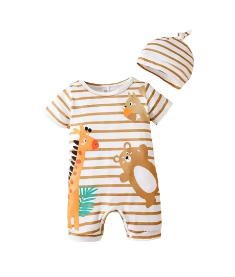 The Wylder - Newborn Baby Boy Animal Print Striped Romper Hat Set Summer