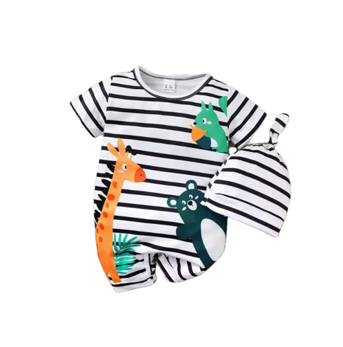 The Wylder - Newborn Baby Boy Animal Print Striped Romper Hat Set Summer