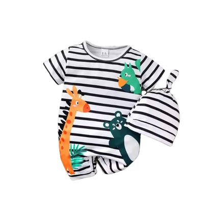 The Wylder - Newborn Baby Boy Animal Print Striped Romper Hat Set Summer