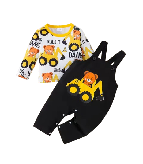 The Benicio - Newborn Baby Boy Construction Bear Print Top Overalls Set 2PCS