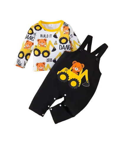 The Benicio - Newborn Baby Boy Construction Bear Print Top Overalls Set 2PCS