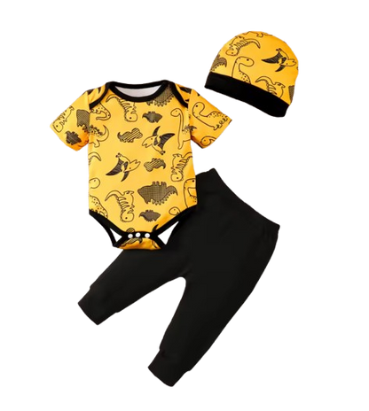 The Houston - Baby Boy 3PCS Dinosaur Print Shirt Pants & Hat Summer Yellow Outfit