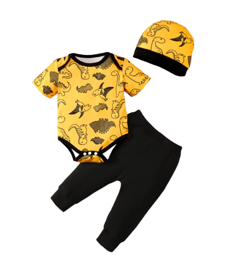The Houston - Baby Boy 3PCS Dinosaur Print Shirt Pants & Hat Summer Yellow Outfit