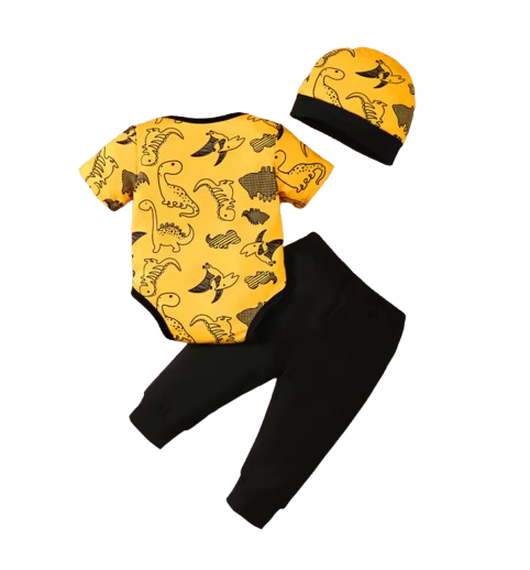 The Houston - Baby Boy 3PCS Dinosaur Print Shirt Pants & Hat Summer Yellow Outfit