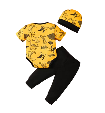 The Houston - Baby Boy 3PCS Dinosaur Print Shirt Pants & Hat Summer Yellow Outfit