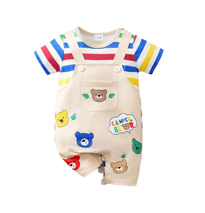 The Trevor - Newborn Baby Bear Print Rainbow Suspender Romper Short Sleeve Outfit