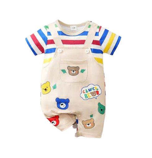 The Trevor - Newborn Baby Bear Print Rainbow Suspender Romper Short Sleeve Outfit