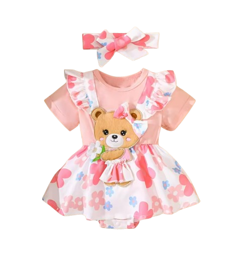 The Selene - Baby Girl 2PCS Bear Floral Romper & Headband Spring Summer Outfit