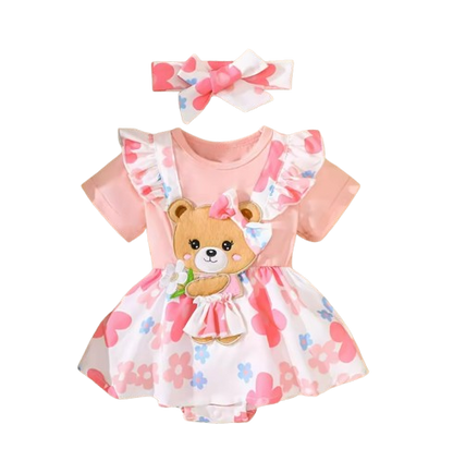 The Selene - Baby Girl 2PCS Bear Floral Romper & Headband Spring Summer Outfit