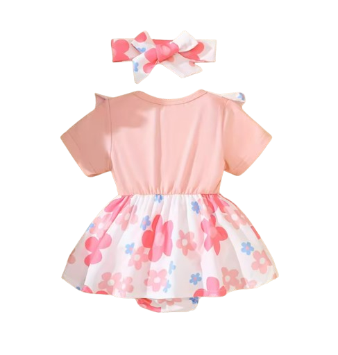 The Selene - Baby Girl 2PCS Bear Floral Romper & Headband Spring Summer Outfit