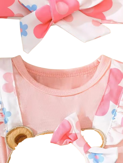 The Selene - Baby Girl 2PCS Bear Floral Romper & Headband Spring Summer Outfit